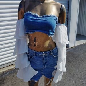 Stylish Denim and White Ruffle Women's Top